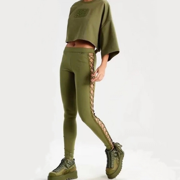 Fenty x Puma Pants - Fenty Puma by Rihanna Boxer & Bomber Side Lace Up Mid Rise Leggings Olive- sz S